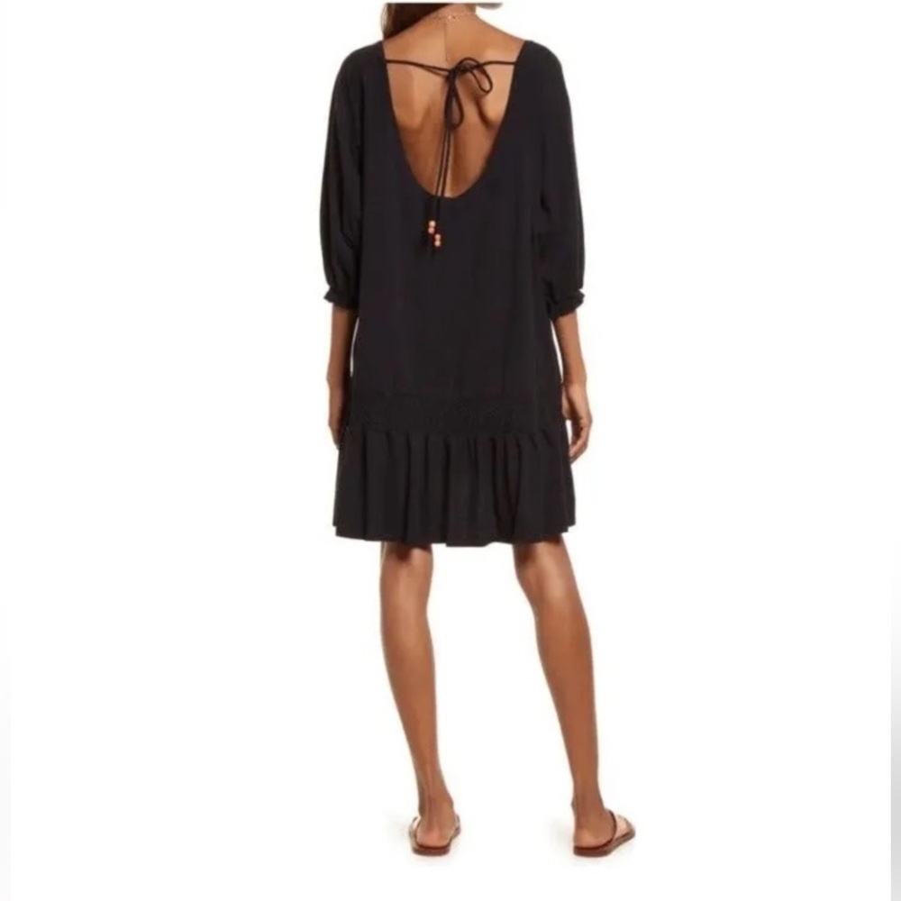 Free People Beach black mini dress with open back and pockets, oversized